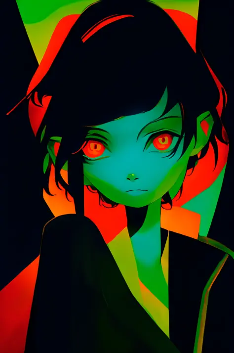 Polychrome, 1girl, night, dark, black hair, looking at viewer, upper body, facing viewer, limited palette, black background, glo...