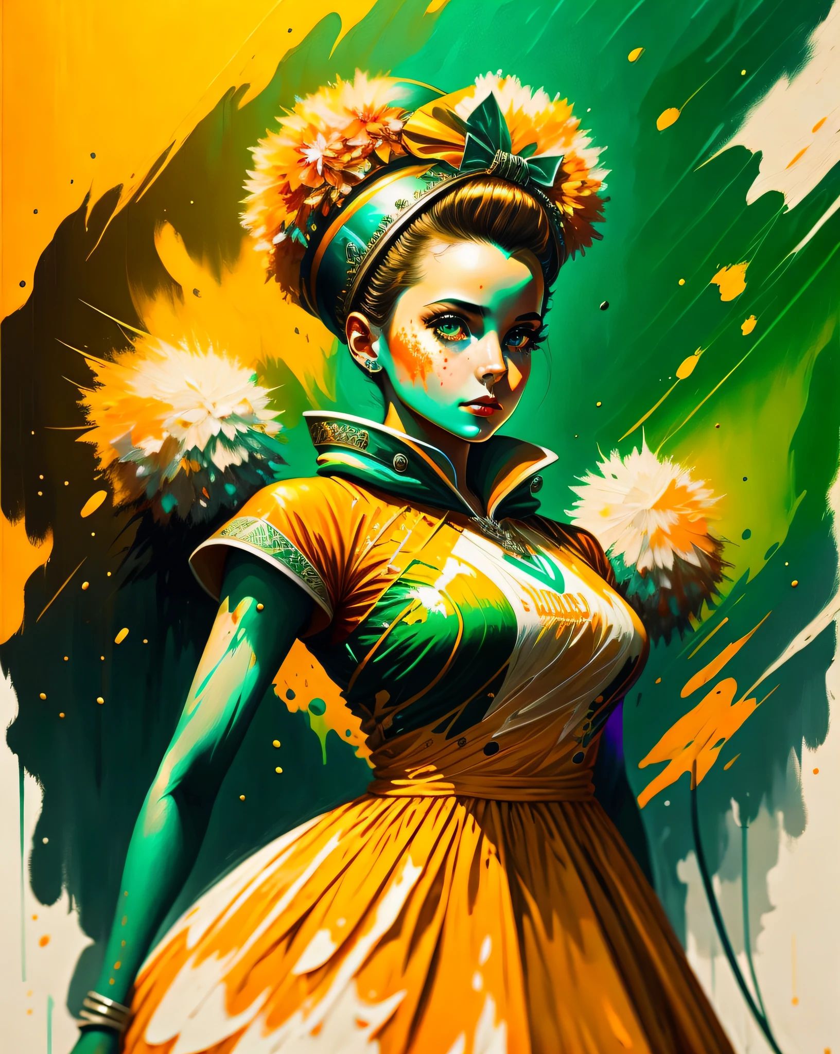 стиль олпнтнг, A очень подробный and hyper realistic drawing of a 1950's atomic waste cheerleader, Альберто Севесо и Лиза Франк, trending on АртСтанция, Острый фокус, студийное фото, сложные детали, очень подробный, Твера и wlop и artgerm, безумная детализация, масло на холсте, капризный, жуткий, тайна, АртСтанция, Острый фокус, кинематографическое освещение, студийное фото, сложные детали, очень подробный, концептуальное искусство, картина маслом, тяжелые удары, краска капает