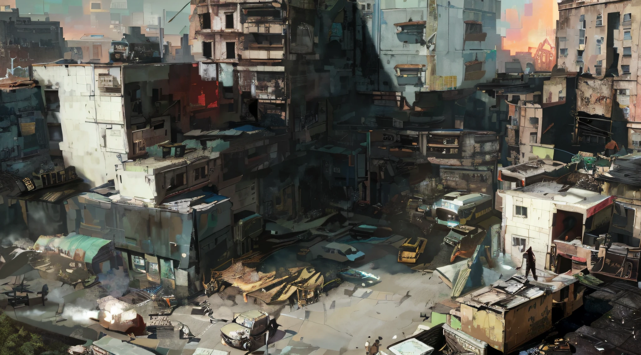 Resident Evil, bâtiments empilant des villes cyberpunk sales, Art conceptuel très réaliste, Peinture Concept Art,