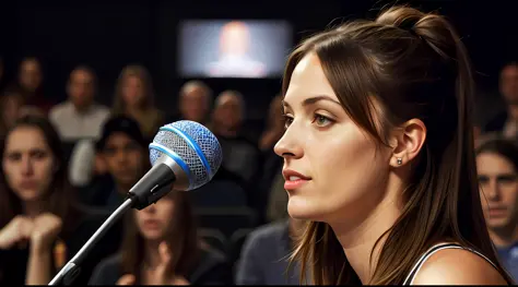 woman speaking into the microphone, audience in the background [Madi Teeuws|Mila Blue|Alison Wonderland|Alexis Bledel] highly detailed, realistic style