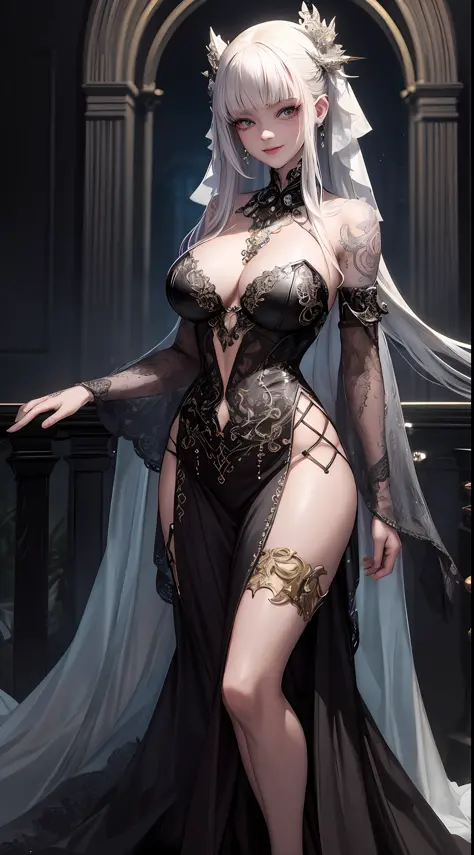 masterpiece, detailed illustration, top quality, exquisite, anime style, disfigured, mostly big chest hottie beautiful albino girl, 20 years old, full body, side shot, piercings all over, detailed tattoos all over, crystal dress, gentle smile, depth of fie...