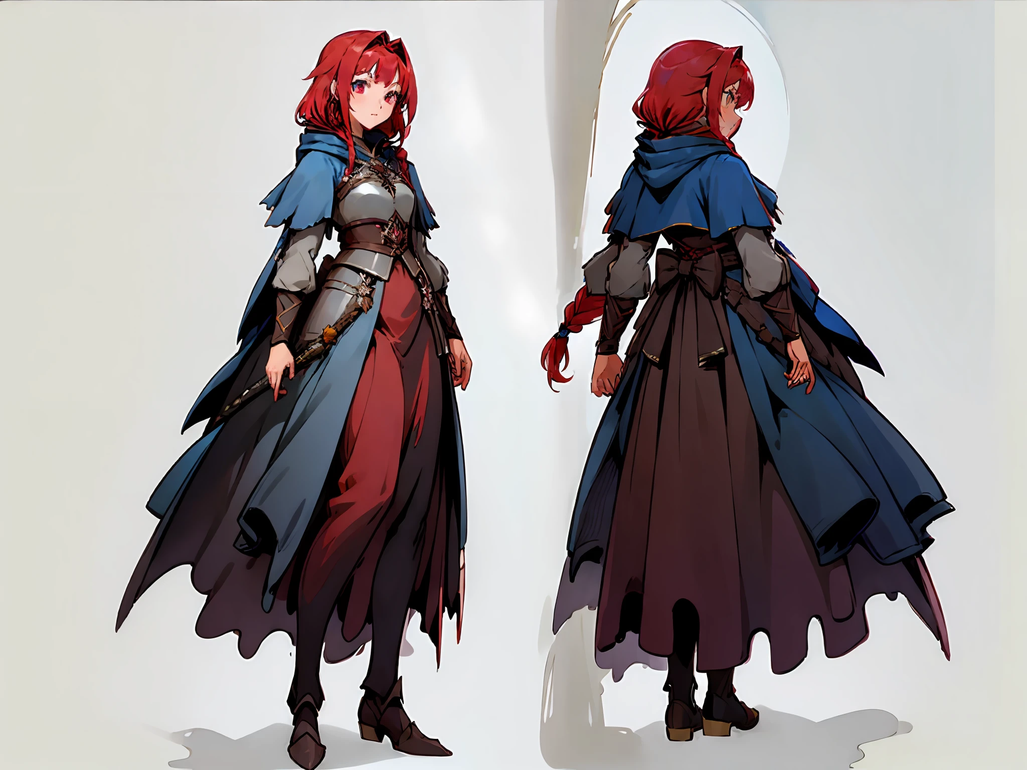 ((masterpiece)),(((best quality))),((character design sheet,same character,front,side,back)),illustration,1 girl,long braid, red hair,beautiful eyes,environment Scene change, pose too, female princess, Knight Armor and sword, glowing hood, poncho with colorful adornments, charturnbetalora, (simple background, white background: 1.3)
