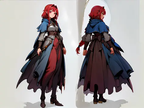 ((masterpiece)),(((best quality))),((character design sheet,same character,front,side,back)),illustration,1 girl,long braid, red hair,beautiful eyes,environment Scene change, pose too, female princess, Knight Armor and sword, glowing hood, poncho with colo...