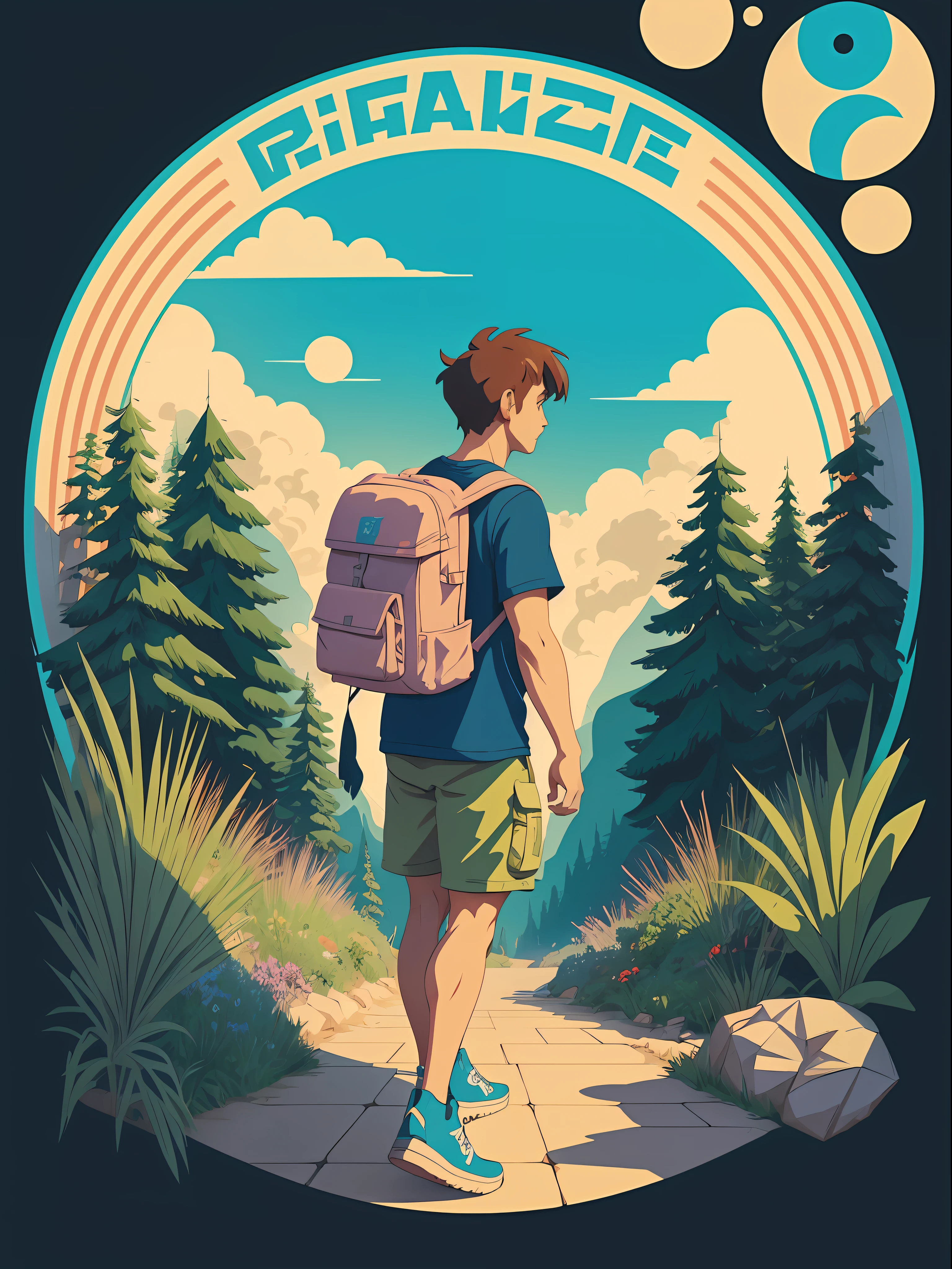 A detailed illustration of a walker, using a backpack, cartoon style, colors, two-dimensional, planar vector, character design, (((t-shirt design))), stickers, colorful splashes and T-shirt design, Studio Ghibli style, soft tetrad color, ((vector art)), fantasy art, watercolor effect, Alphonse Mucha, Adobe Illustrator, hand painted, digital painting, low polygon, soft lighting, aerial view,  isometric style, retro aesthetic, people-focused, 8K resolution, using 4D Cinema