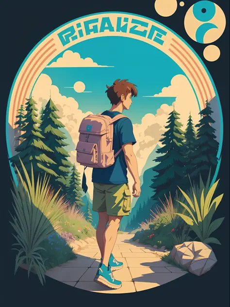 A detailed illustration of a walker, using a backpack, cartoon style, colors, two-dimensional, planar vector, character design, ...