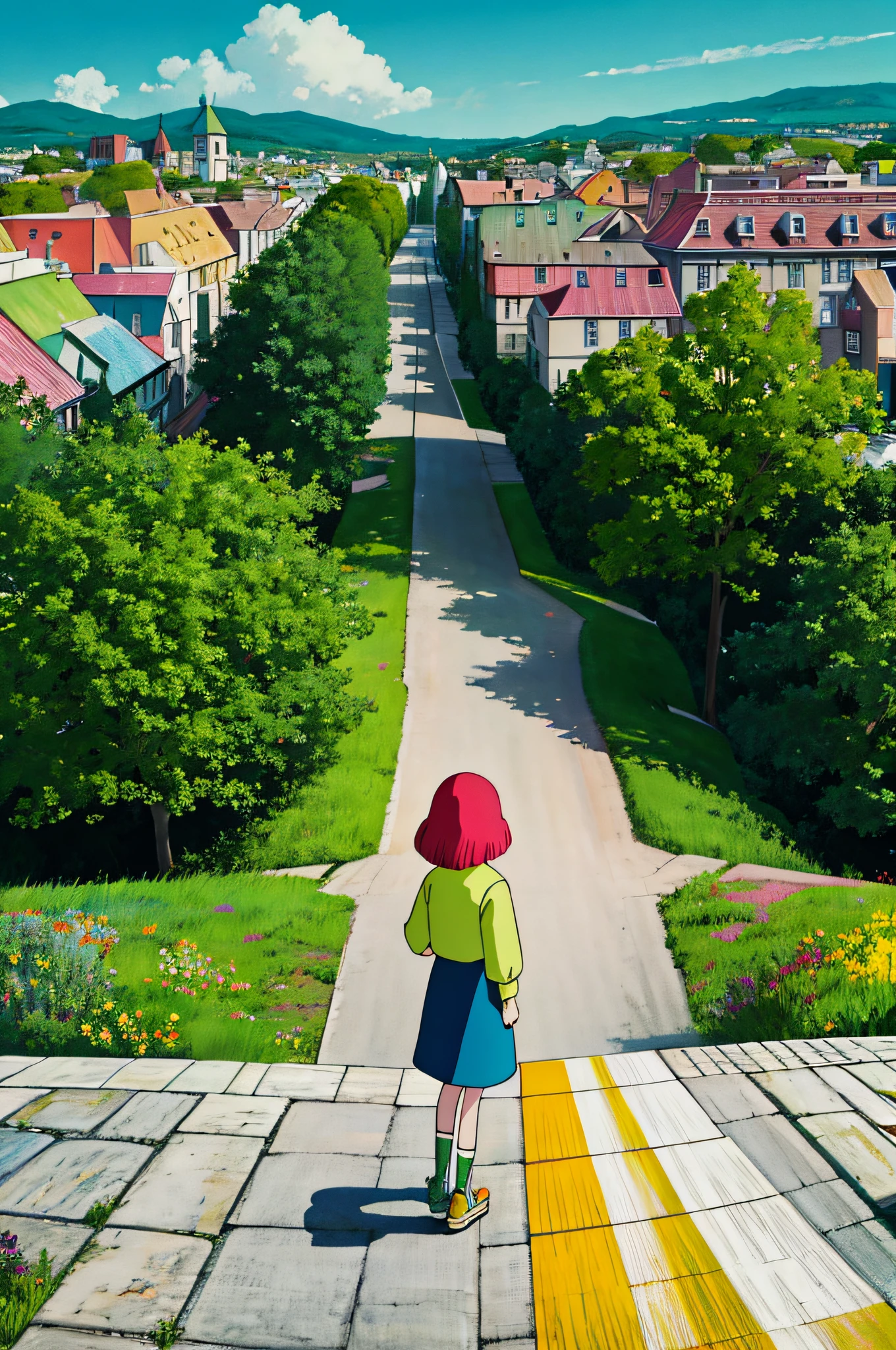 Polychrome, limited palette, colorful, scenery, 1girl, rainbow, green city,, detailed background, masterpiece, best quality,