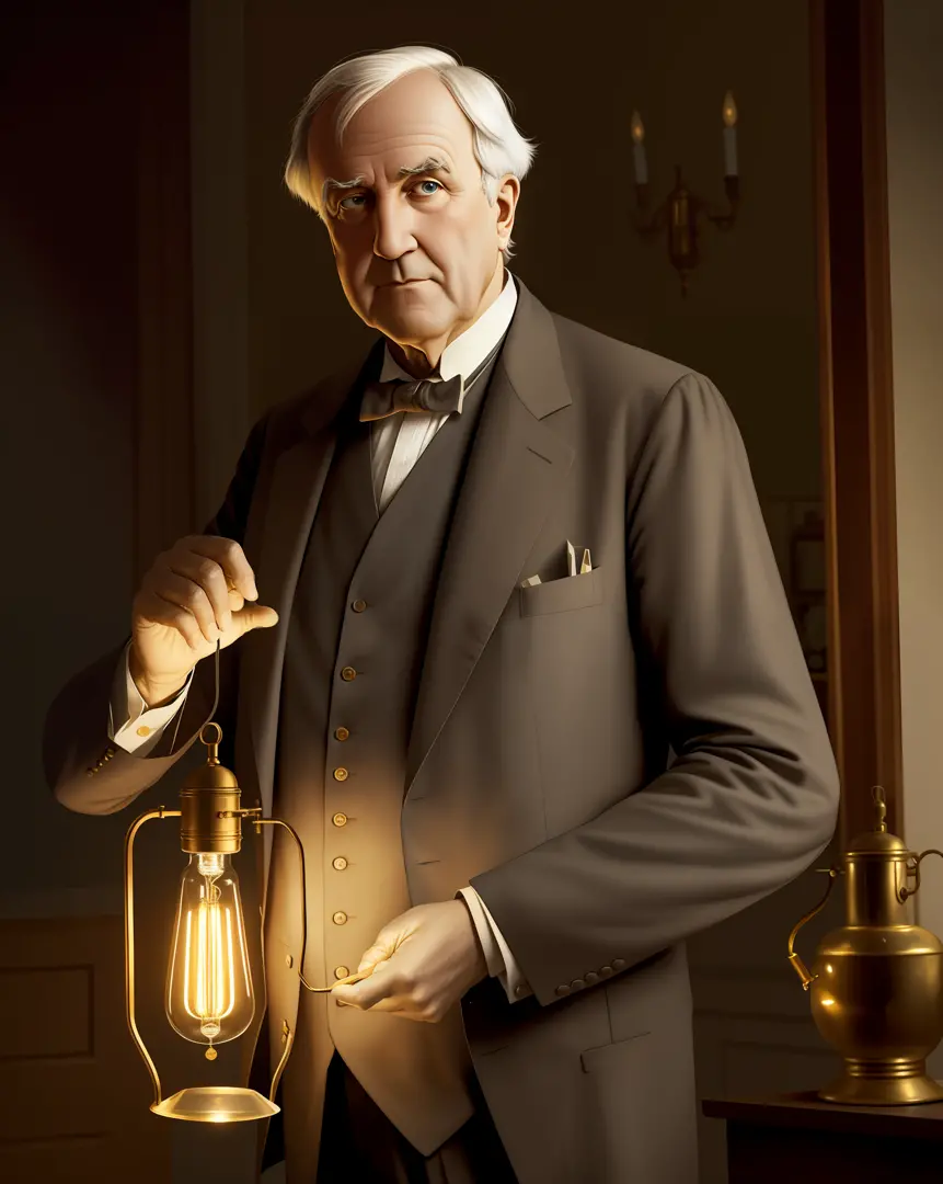 inventor of the lamp, thomas edison, portrait, looking at the lamp lit in his hand, five fingers on his hands