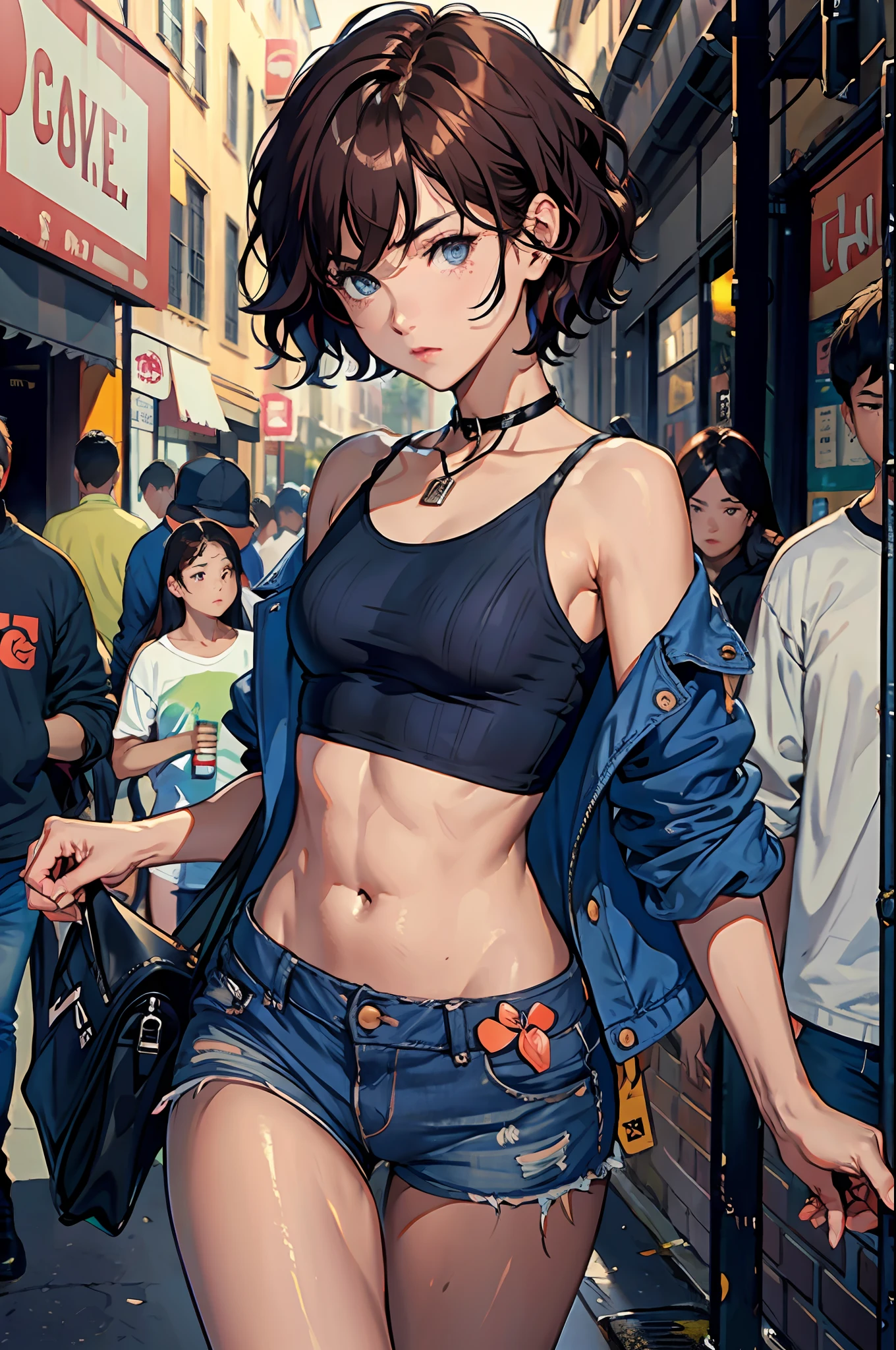 ((medium breast, tomboy girls, small head)),  (chiseled abs : 1.1), (perfect body : 1.1), (short wavy hair : 1.2) , auburn hair, collar, chain, full body shot, crowded street, wearing black tanktop, jeans jacket, ((shorts)), (extremely detailed CG 8k wallpaper), (an extremely delicate and beautiful), (masterpiece), (best quality:1.0), (ultra highres:1.0)