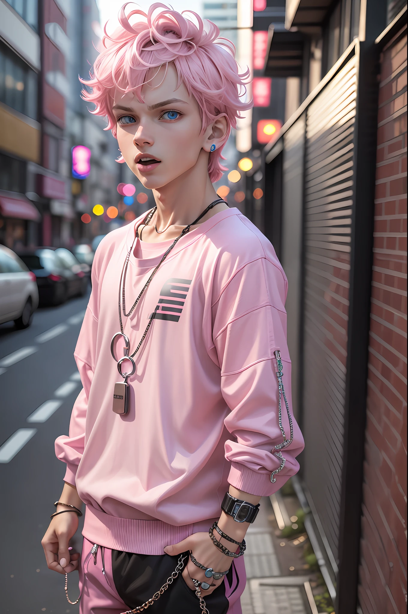 3d, 1boy, looking at viewer, street fashion, cute, chain on neck, pink clothing, tongue out, tokyo, neons, blue eyes, mullet, finger rings, detailed clothing, 8k, best defention