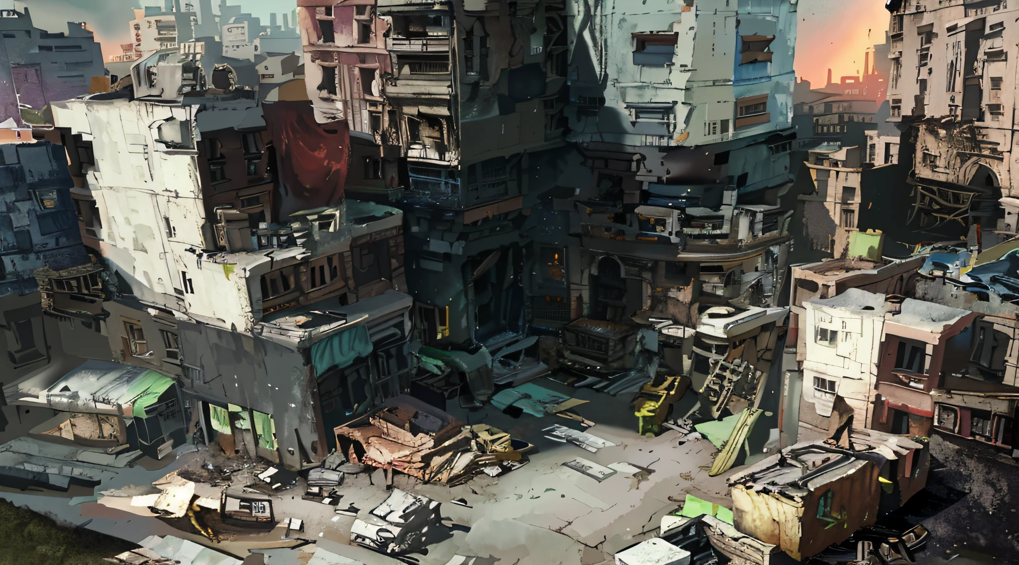 Resident Evil, edifícios empilhando cidades cyberpunk sujas, arte conceitual altamente realista, pintura de arte conceitual,