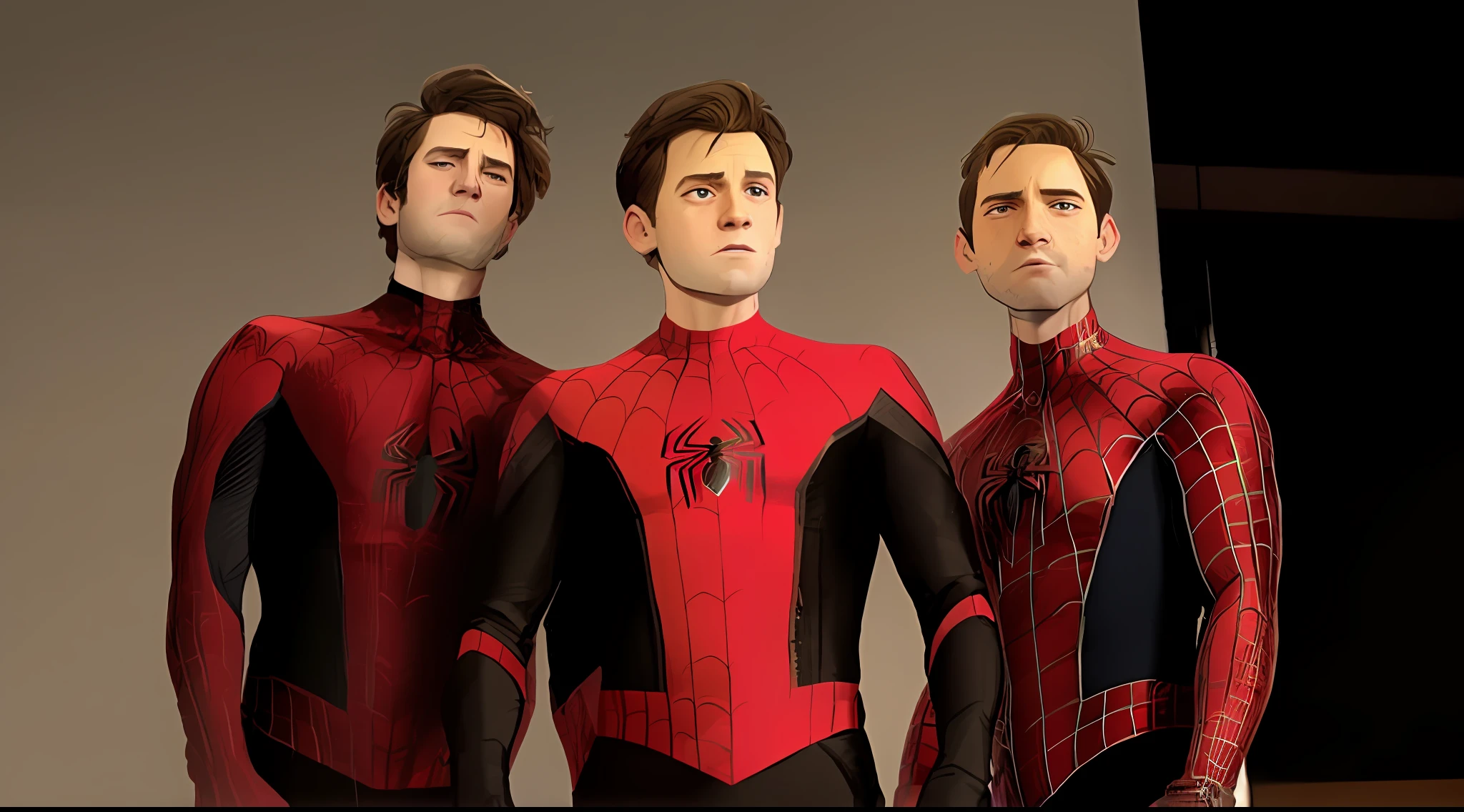 A close up of three men in spider - man suits standing next to each ...