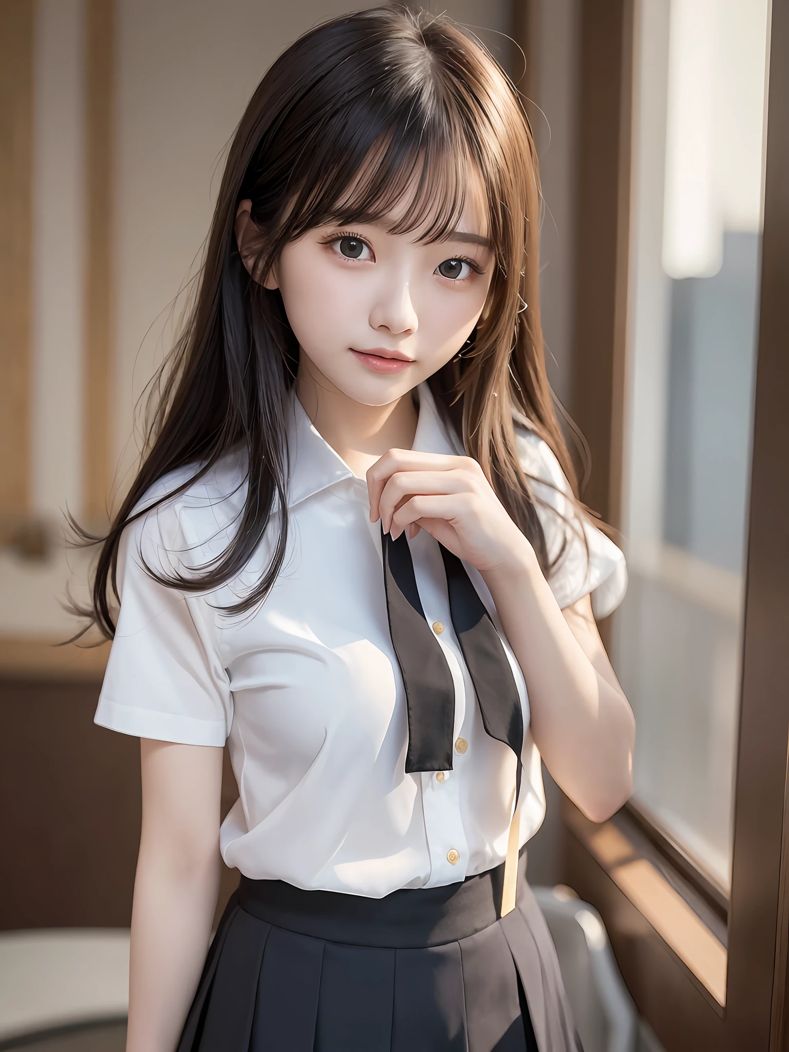 Masterpiece, top quality, official art, highly detailed CG Unity 8K wallpaper, like a , very delicate and beautiful, ultra high resolution, (photorealistic: 1.4), golden hour lighting, (upper body), (platinum shorthair: 0.8), (puffy eyes), looking at the viewer, facing the front, smiling, JK skirt, white dress, Shirt Lift Long Black Hair