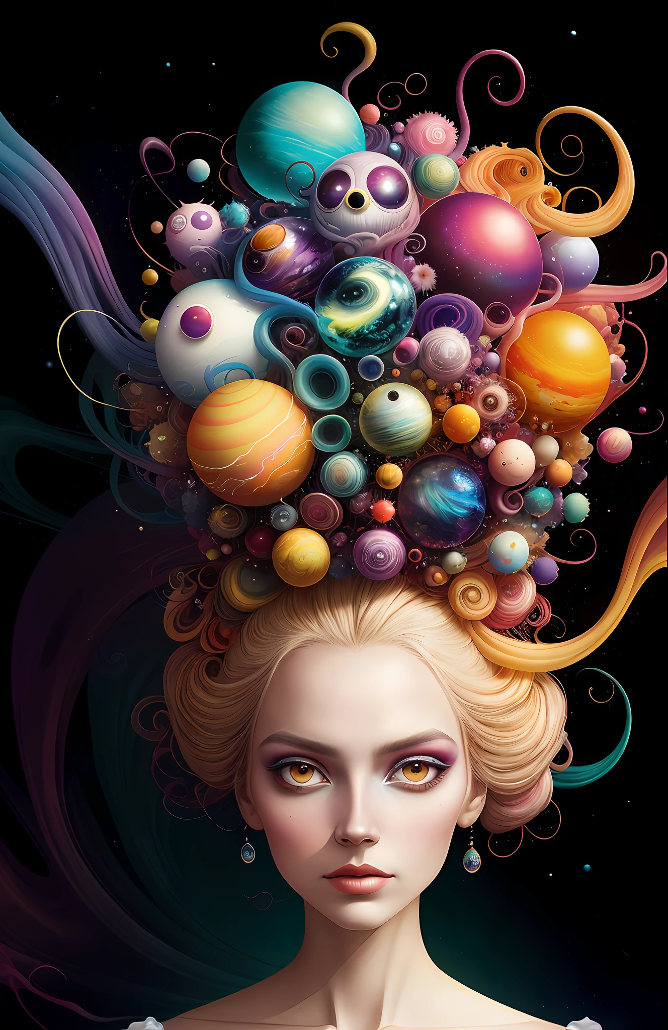 colorpop style, photo photo portrait of the sun surrounded by orbiting planetary moons, blonde pointy hair, natalie shau, mark ryden, alberto seveso, brooke shaden, anna dittmann, flora borsi, 8k resolution, perfect composition, milky way, rainbow color, flying insects, scales, wings, blue, texture, complex, gorgeous, shadow, pastel colors, 3d, Highly detailed, decorated in style, Tim Burton, Dale Chihuly, Xiaolongcheng, Cyril Rolando, by J. Gigue