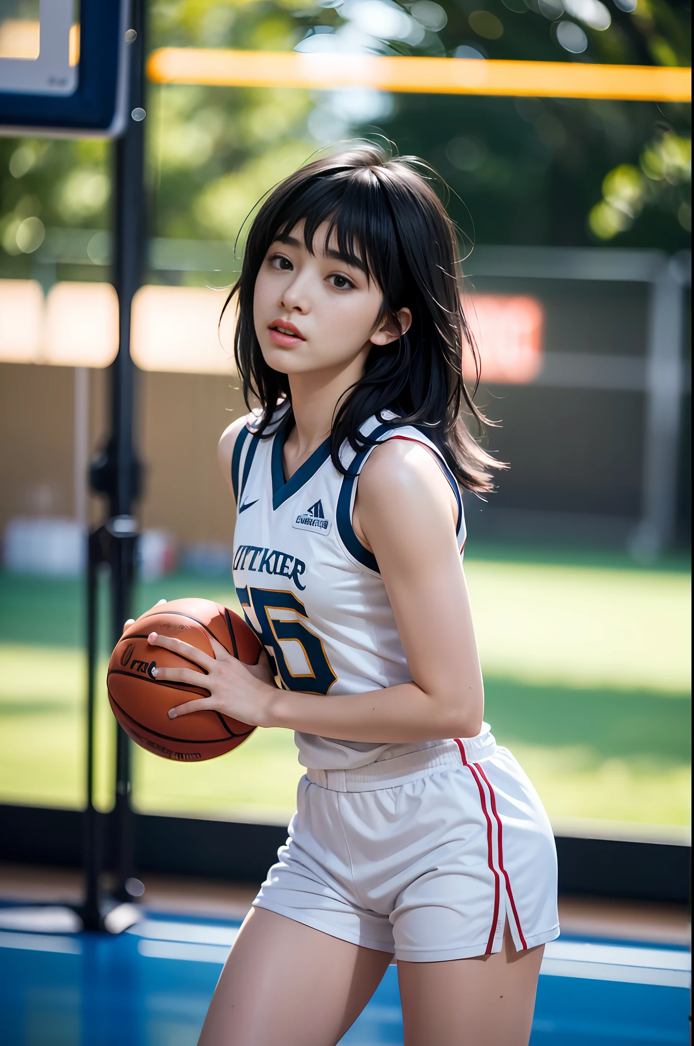 (8k, Best Quality, Masterpiece: 1.2), (Realistic, Realistic: 1.37), Ultra Detailed, Best Quality, Ultra High Resolution, Professional Lighting, Photon Mapping, Radiosity, Physically Based Rendering, Cinematic Lighting, Basketball court, depth of field, clear focus, sunlight, good composition, (bokeh: 1.2) 1girl, solo, (full body), (closed mouth), beautiful and detailed eyes, pose, narrow waist, basketball uniform, black hair , messy hair, long hair blowing in the wind, (ulzzang-6500:1.2) mix4, hiqcgbody