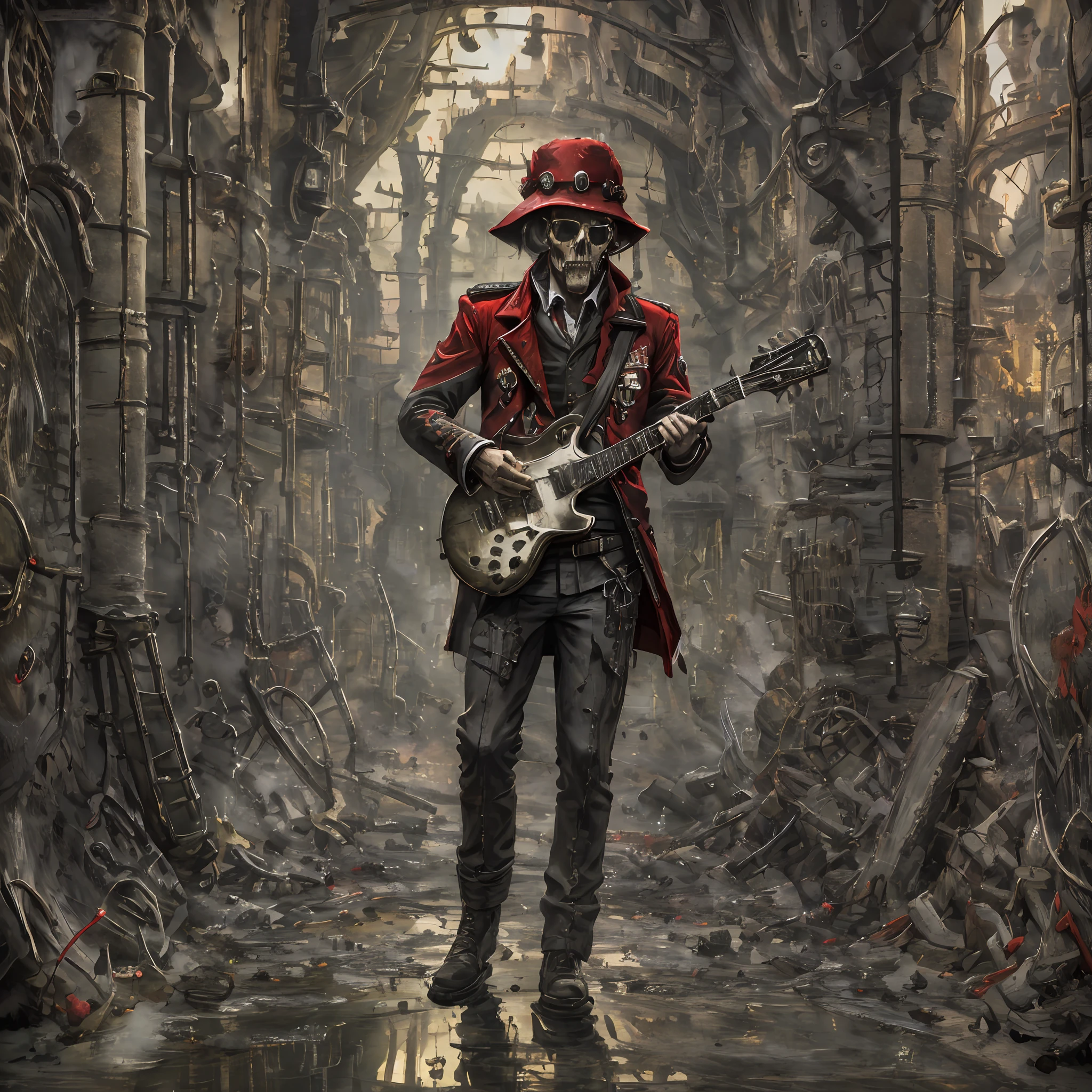 Imaginez un soldat en manteau rouge anglais, jouer de la guitare Gibson, au milieu de divers crânes et os, fume, Image ultra détaillée, textures, reflets, profondeur, image réaliste, environnement sombre, lumière rouge, scène cinématographique --auto --s2