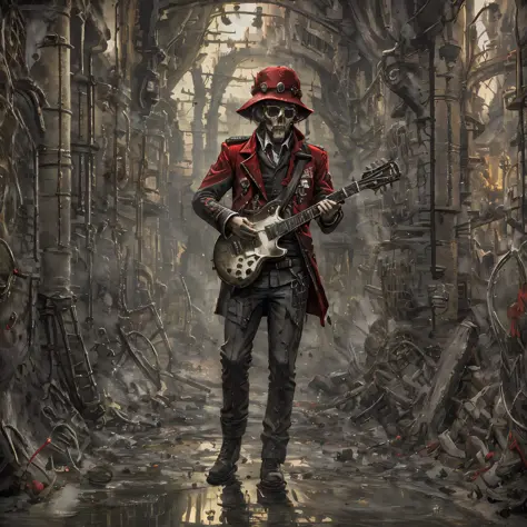Imagine a soldier in an English red coat, playing Gibson guitar, in the middle of various skulls and bones, smokes, ultra detail...