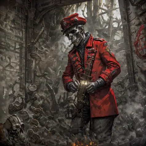 Imagine a soldier in an English red coat, playing Gibson guitar, in the middle of various skulls and bones, smokes, ultra detail...