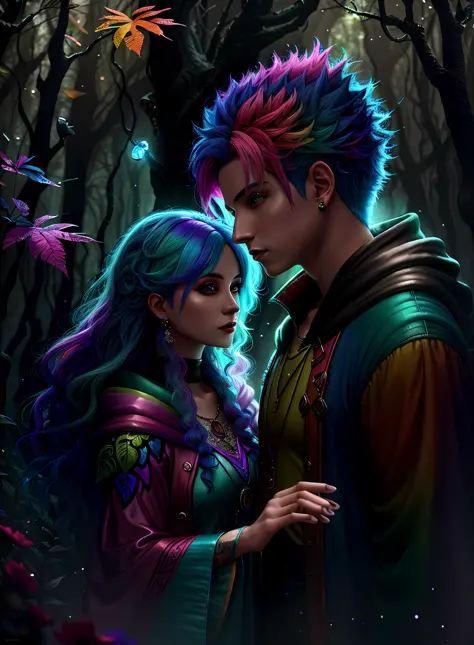 Couple of magicians, man and woman with colored hair, highly detailed digital art in 4k, stunning digital illustration, stunning art in 8k, colorful, colorful and illuminated digital fantasy art, beautiful digital art, colorful digital painting, 8k hd digi...