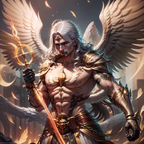 ultra realistic photo angel man warrior, golden wings, strong muscles, fire sword in hand, octane rendering, 16k UHD, high detai...