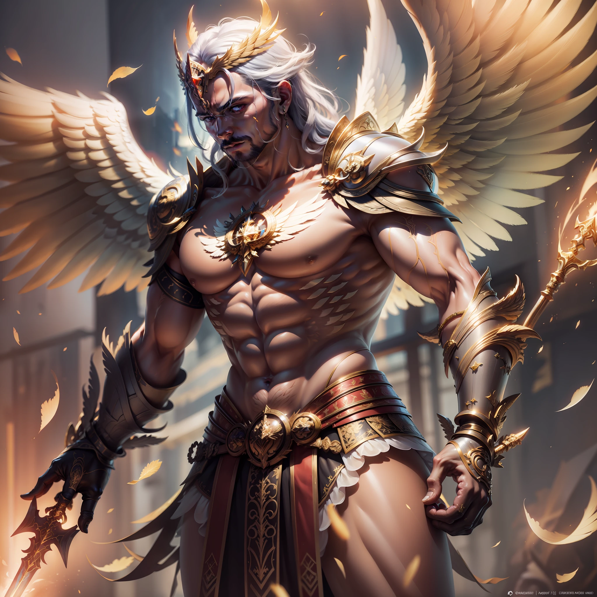 ultra realistic photo angel man warrior, golden wings, strong muscles, fire sword in hand, octane rendering, 16k UHD, high details, super detail, best quality, 8k