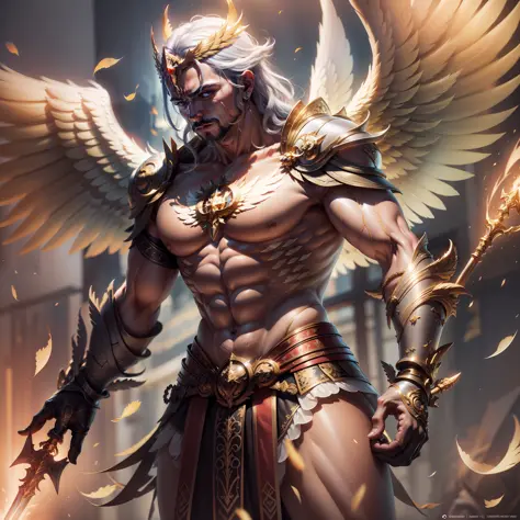 ultra realistic photo angel man warrior, golden wings, strong muscles, fire sword in hand, octane rendering, 16k UHD, high detai...