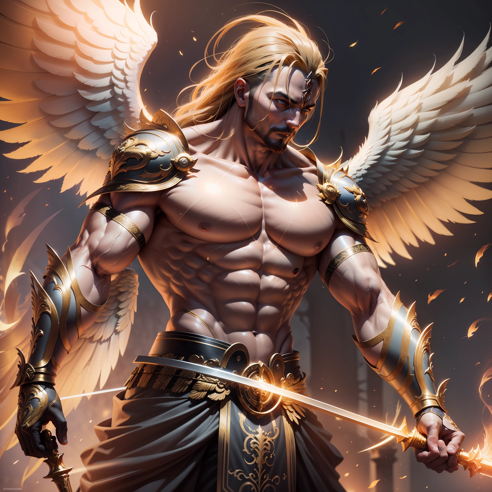 Foto ultra realista ángel hombre guerrero., alas doradas, músculos fuertes, Espada de fuego en mano, Representación de octanaje, 16k UHD, Detalles altos, súper detalle, mejor calidad, 8k