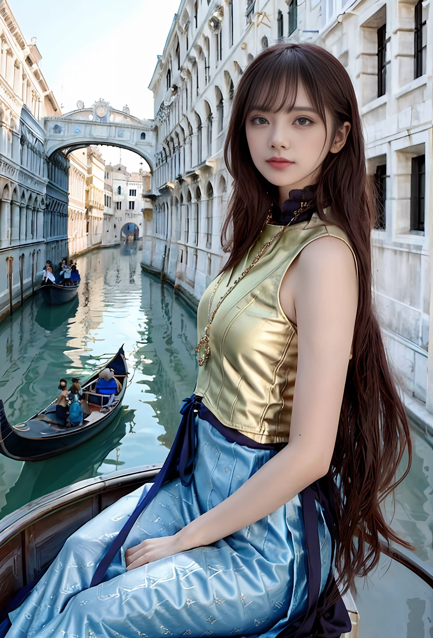 a HypeR Realistic ultRa detailed pHotogRapH oF a beautiFul giRl as a Female 2020s danceR on tHe boat oF 2020s Venice,(BRidge OF SigHs backgRound),(pRincess eyes,sHiny pupils), detailed symmetRic beautiFul Hazel eyes, detailed goRgeous Face, peaky blindeRs enviRonemt, tRending on cg society, bauHaus, bulgaRi, colouRFul atmospHeRe, oFFicial valentino editoRial, moonligHt, medium symmetRy, neopRene, beHance contest winneR, poRtRait FeatuRed on unsplasH, stylized digital aRt, smootH, ultRa HigH deFinition, 8K, unReal engine 5, ultRa sHaRp Focus, awaRd-winning pHotogRapH, Canon EOS 5D MaRk IV DSLR, F/8, ISO 100, 1/250 segundos, TanviRTamim, tRending on aRtstation, by aRtgeRm, H. R. gigeR and beksinski, HigHly detailed, vibRant