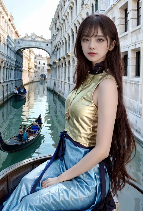 a hyper realistic ultra detailed photograph of a beautiful girl as a female 2020s dancer on the boat of 2020s Venice,(Bridge Of ...