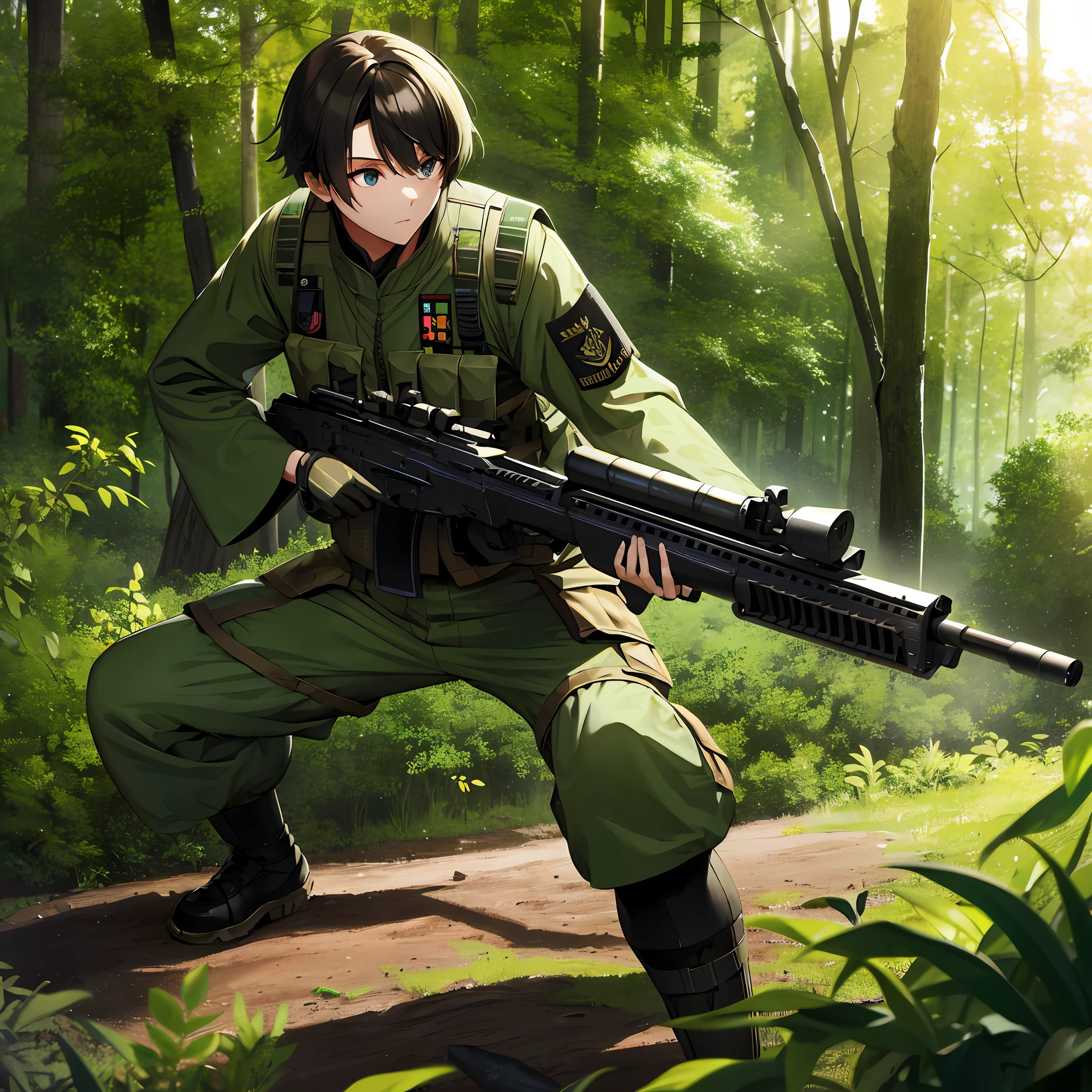 Oozora Subaru with a detailed military suit of the Japanese army Grabbing a large caliber weapon also detailed visualizing your environment in a forest or jungle Camouflaged ready to annihilate your opponent at any time and when necessary that everything else is 4k and hyperrealistic fully detailed