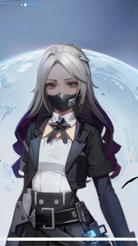 anime girl with a mask on her face standing in front of a planet, made with anime painter studio, stylized anime, from girls fro...