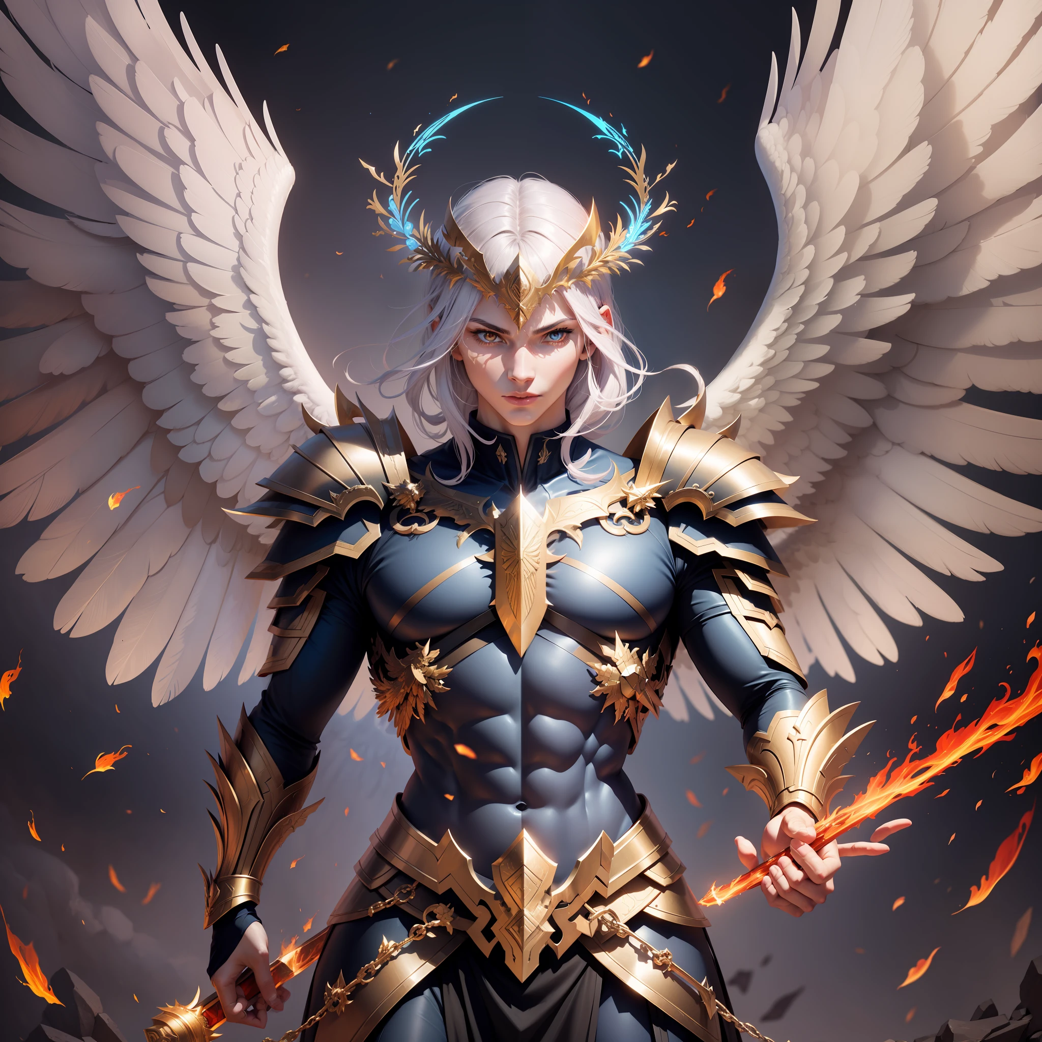 Create an image of an archangel with four large wings who is leading an army of angels to fight the forces of evil in an epic battle. He has a flaming sword in one hand and a shield in the other, and his face is determined and courageous. UHD, high details, super detail, best quality, 8k