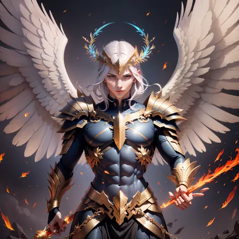 Create an image of an archangel with four large wings who is leading an army of angels to fight the forces of evil in an epic ba...