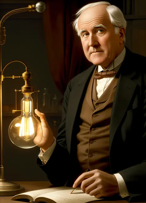 inventor of the lamp, thomas edison, portrait, looking at the lighted lamp in his hand, five fingers on his hands, in the labora...