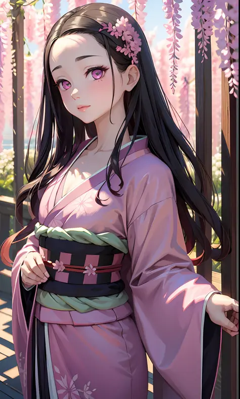 masterpiece, (pink kimono), seductive face, good lighting, décolleté, small details, masterpiece, glowing eyes, 1girl, black hai...