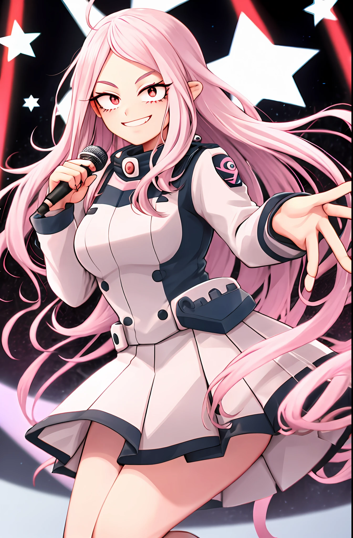 , Boku no hero academia style, Original character , 1 girl, idol, Yuei uniform woman, long white hair, pink eyes with Star , blur, yuei in the background, Idol outfit, face smiling a little, face, mouth close, pink eyes with star, long hair, smooth hair, white and pink idol outfit with crystals, pink shoe, microphone in hand