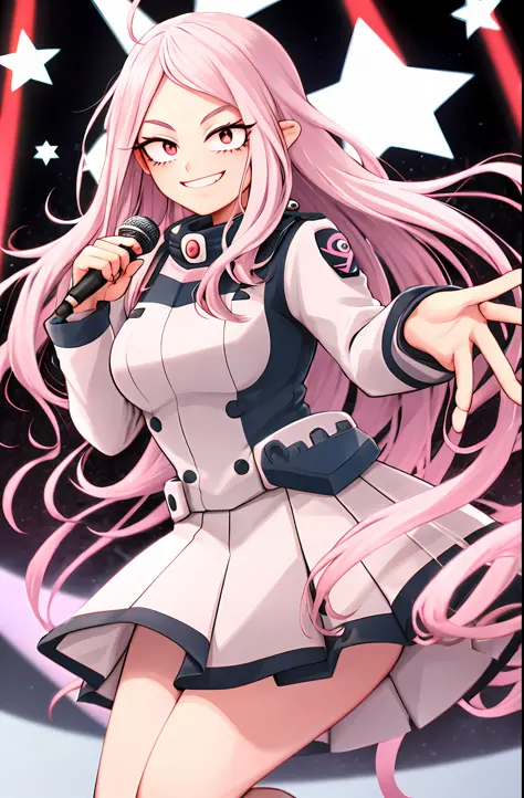 , boku no hero academia style, original character , 1 girl, idol, yuei uniform woman, long white hair, pink eyes with star , blu...