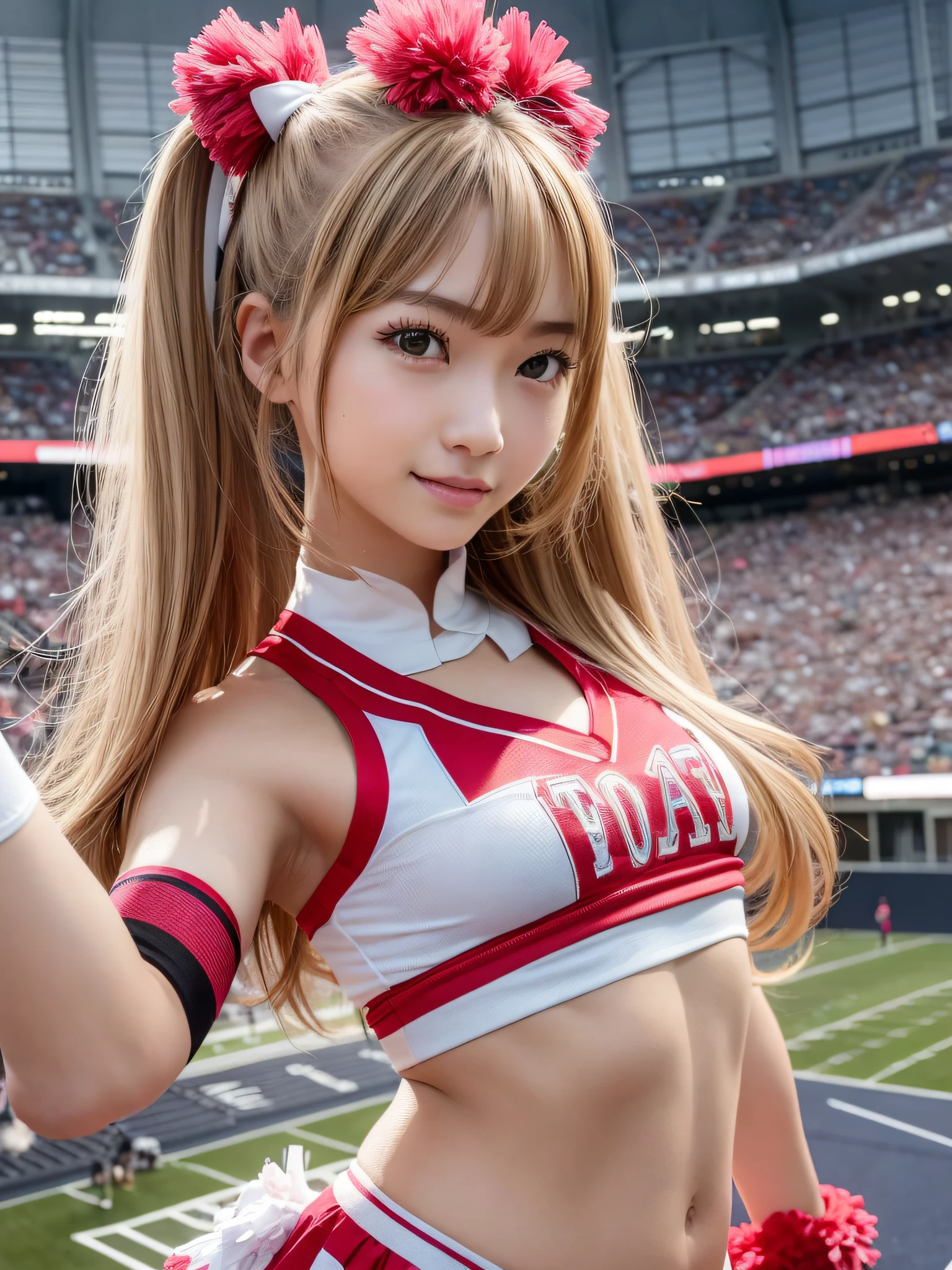 Ala-Fed Asian cheerleader posing dynamically with pom-pom in stadium, close-up, cosplay photo, anime cosplay, small breasts, RAW photo, Best Quality, High Resolution, (Masterpiece), (Photorealism:1.4), Professional Photography, Sharp Focus, HDR, 8K Resolution, Complex Details, Depth of Field, Highly detailed CG Unity 8k wallpaper, front light, NSFW, women, girl, beautiful supermodel, smile, slender, small cheer uniform, yellow, marie rose