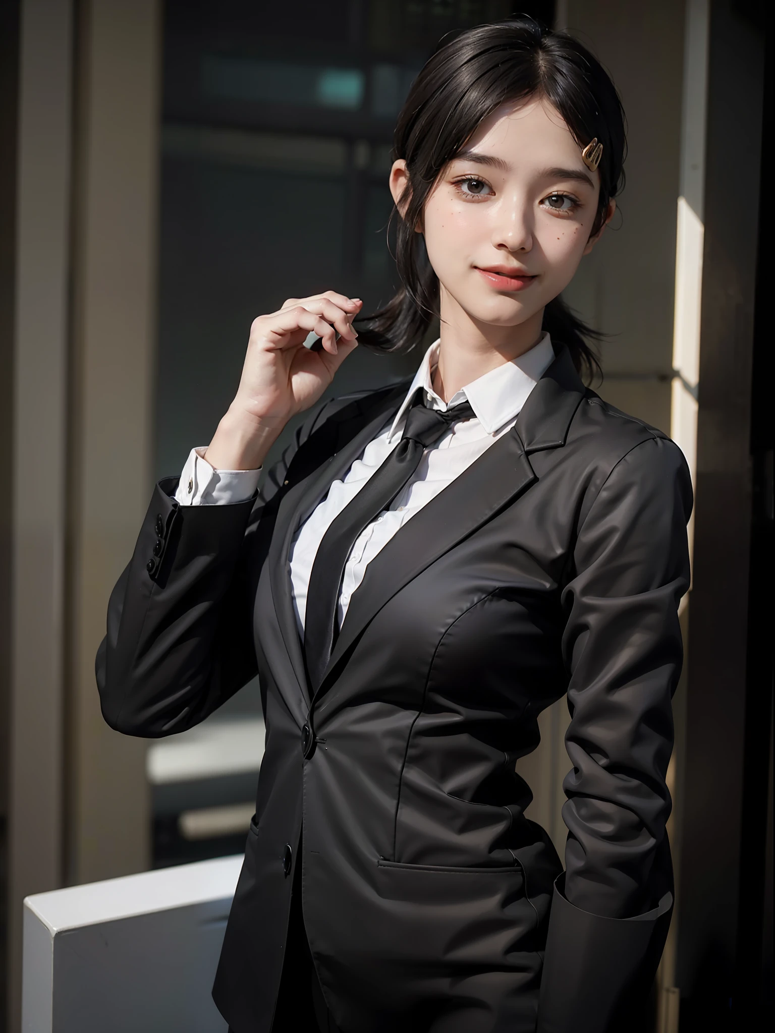 1人の女の子, 上半身, 軽い笑顔, 光沢のある肌 最高品質, 傑作, (写実的な: 1.4), 黒い事務服を着ている, ジャケットとネクタイ