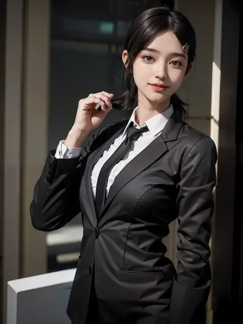 1girl, waist up, light smile, shiny skin
Best quality, masterpiece, (photorealistic: 1.4), dressed in black office clothes, jack...