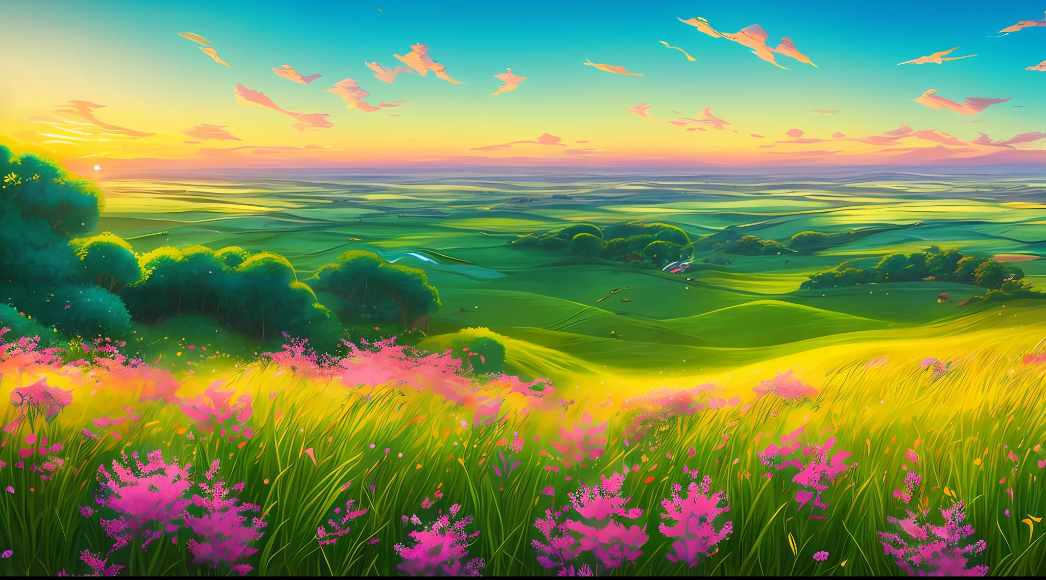Qualidade de arte original, Imagem de corpo inteiro, estilo de animação dos personagens da Disney, imagens de um vasto campo com grama verdejante e flores coloridas. A câmera percorre lentamente o campo, transmitindo uma sensação de renovação