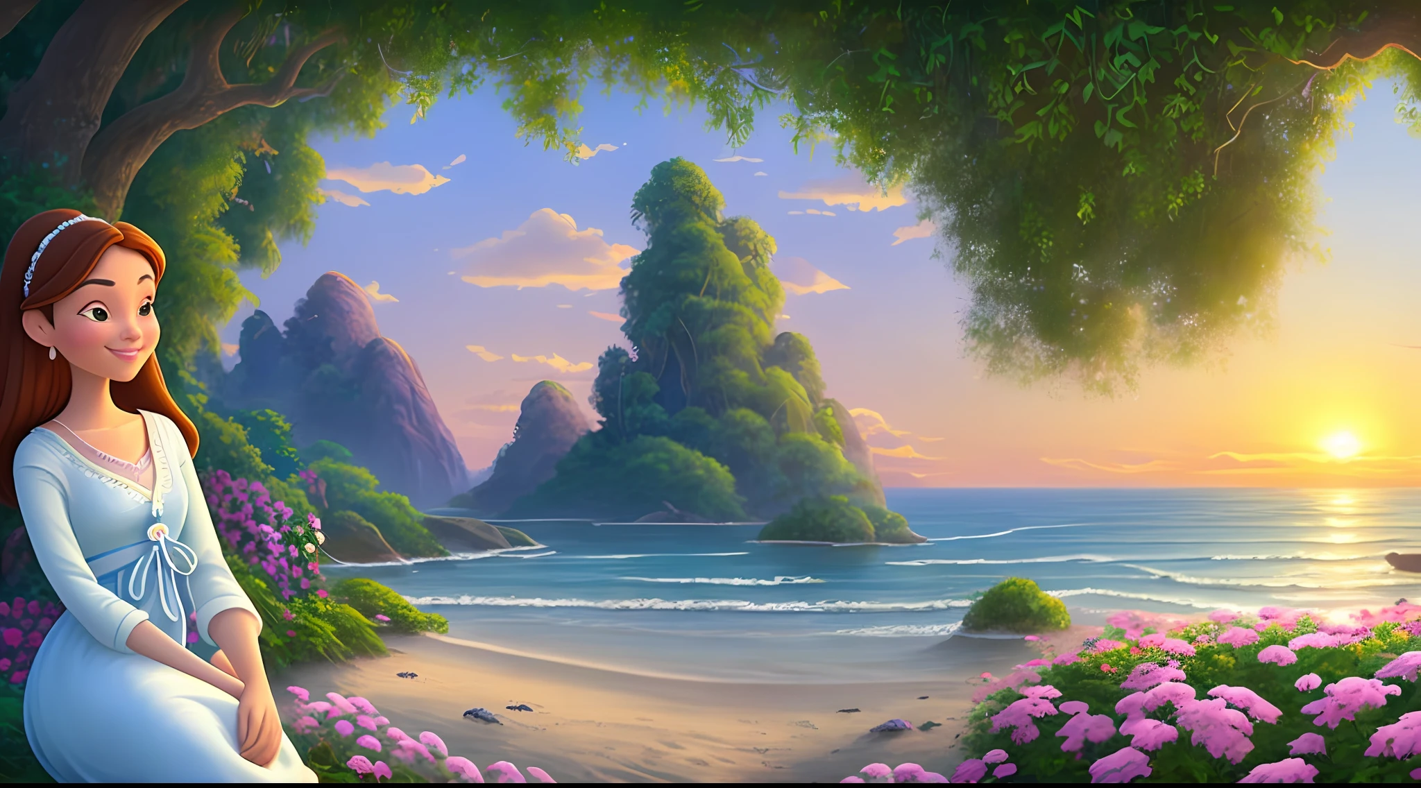 Original art quality, full body image, Disney character animation style, A close-up on a person's face, with eyes closed and a serene expression. As the narration mentions the search for wisdom and discernment, the camera gradually pans away, revealing that this person is in a tranquil and serene environment, such as a garden or a beach at sunset