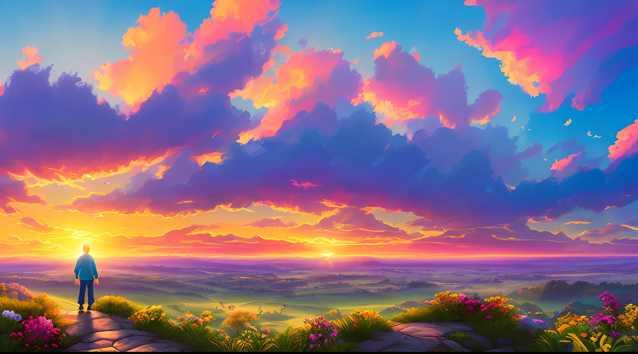 Qualidade de arte original, Imagem de corpo inteiro, Estilo de animação de personagens da Disney, Uma imagem de um majestoso nascer do sol, com cores vibrantes preenchendo o céu. À medida que a câmera se move lentamente pelo horizonte, transmitindo uma sensação de esperança e renovação, a narração destaca a confiança do protagonista nas promessas de Deus para um novo dia