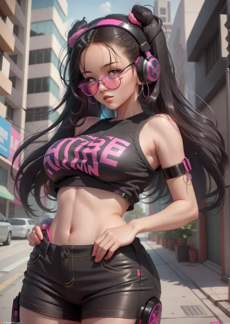 girl with stunning 3D resolution 12K character in [gritty Hip Hop] style, big breasts, pink top, headphones, big dark glasses, long black hair, chibi in detailed (full body), highly detailed, bright, ultra high quality, Hyperrealism, Photorealism, [octane ...