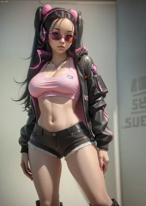 girl with stunning 3D resolution 12K character in [gritty Hip Hop] style, big breasts, pink top, headphones, big dark glasses, long black hair, chibi in detailed (full body), highly detailed, bright, ultra high quality, Hyperrealism, Photorealism, [octane ...