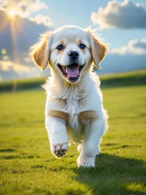 Photo of a very cute puppy running on the grass, facing the camera, showing his tongue and smiling, blue sky, white clouds, soft volumetric light, with rainbows, (backlight: 1.3), (movie: 1.2), intricate details, (ArtStation: 1.3), Rutkowski