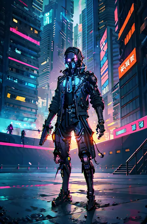 cyber soldier with gun in hand in a futuristic city(Skeleton), (skeleton), (ciborg),cyberpunk art style, cyberpunk pixel art, cy...