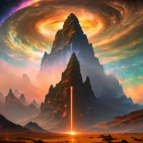 painting of a mountain with a spiral vortex in the sky, epic dreamlike fantasy landscape, epic fantasy sci fi illustration, 4k h...