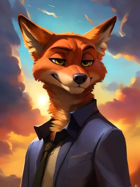 a beautiful and detailed portrait of a Nick Wilde as an angelic being, angel, muscular, strong,mighty, powerful, kenket, Ross Tran,ruan jia, trending on artstation,foxovh, cenematic lighting
sky, clouds, distant sun