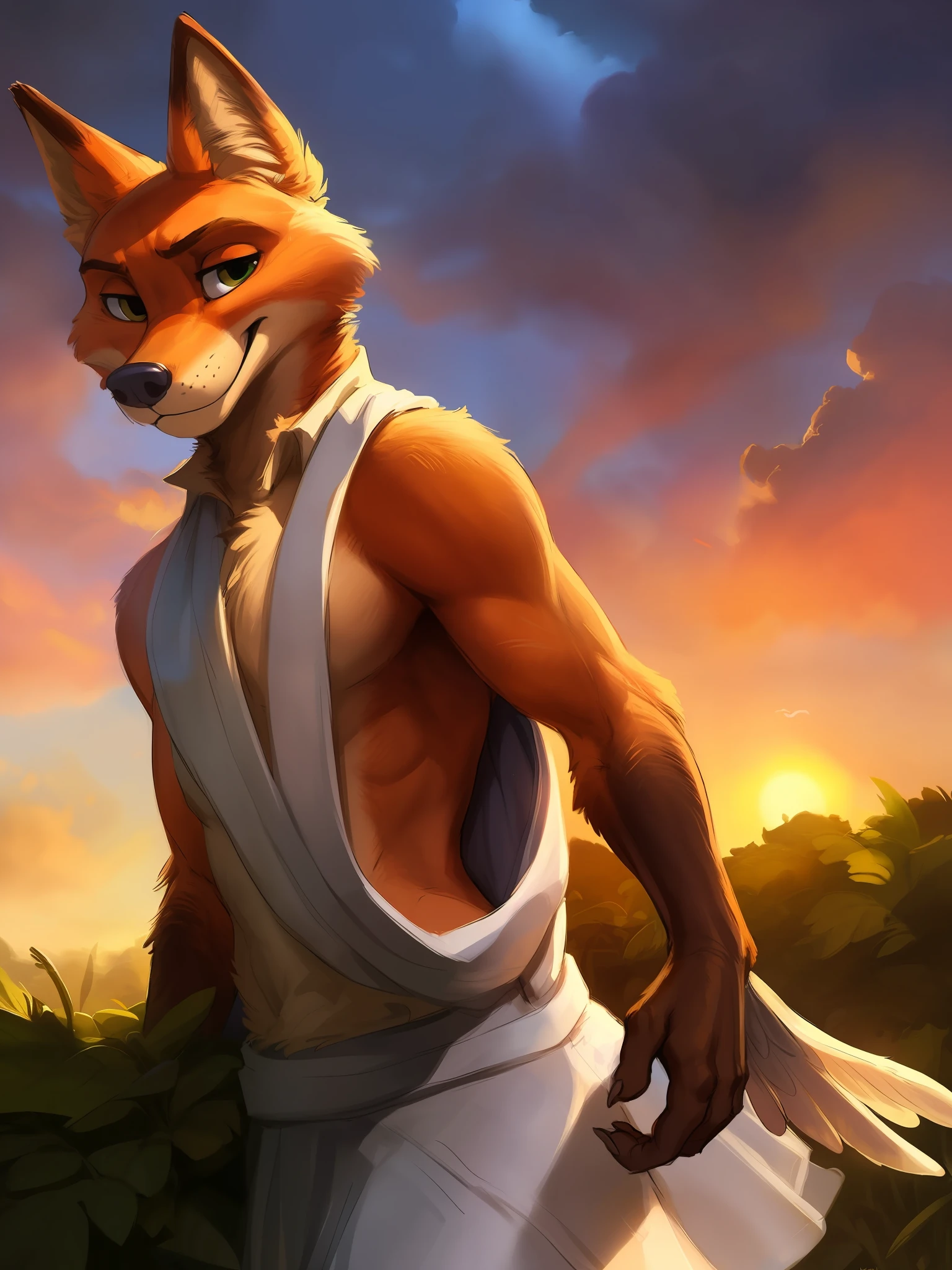 a beautiful and detailed portrait of a Nick Wilde as an angelic being, angel, muscular, strong,mighty, powerful, kenket, Ross Tran,ruan jia, trending on artstation,foxovh, cenematic lighting
sky, clouds, distant sun