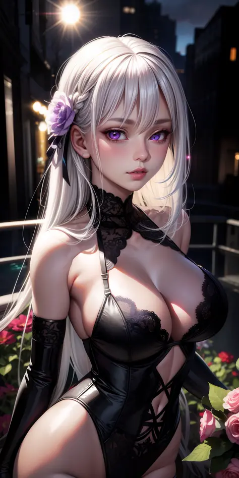 Realistic, 1girl, white hair, purple eyes, glowing eyes, three-point lingerie, big breasts, parted lips, blush, night, flowers, sun, sunlight, succubus